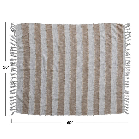 Woven Cotton Throw w/ Stripes & Fringe, Tan Color & Natural