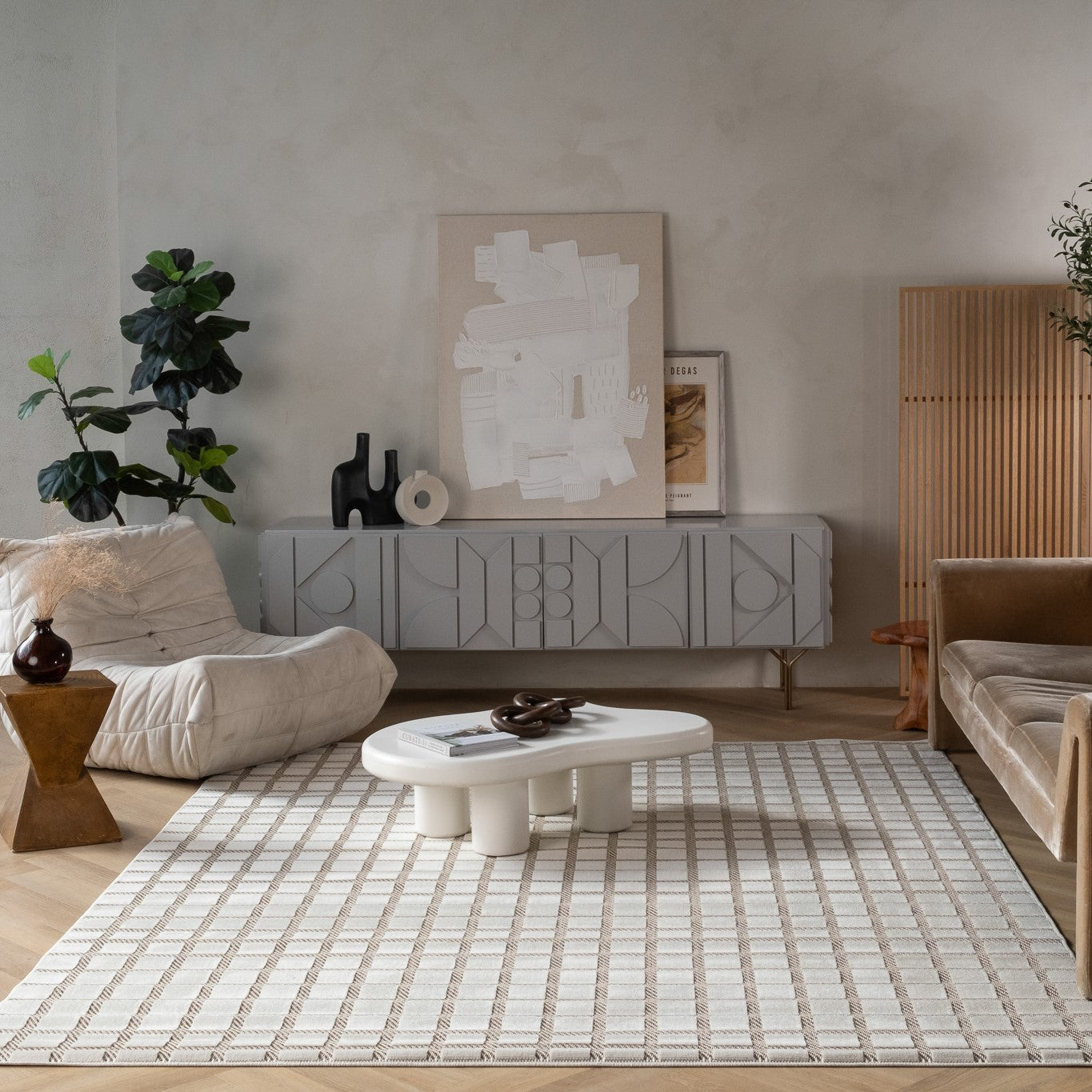 Aurora Beige Modern Rug – Geometric Grid Design