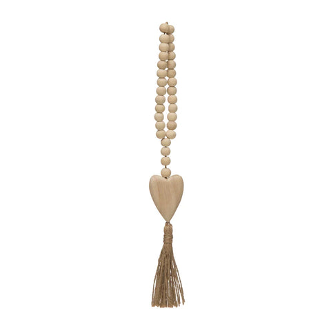 Wood Beads with Heart Icon and Jute Tassel