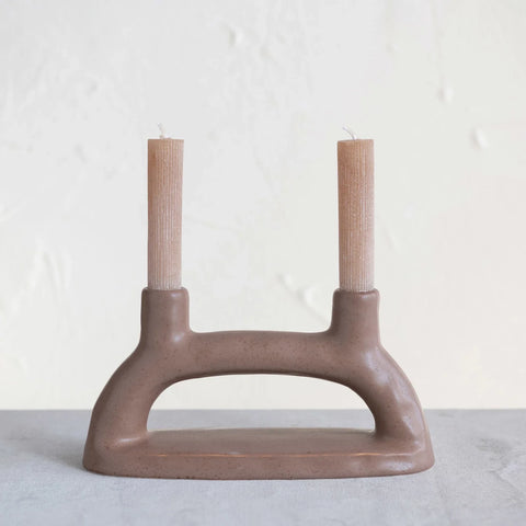 Stoneware Double Taper Holder, Matte Brown Finish