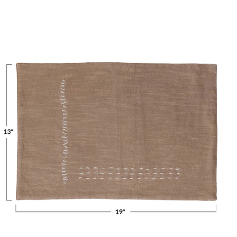 Hand-Embroidered Cotton Slub Placemat, Tan Color