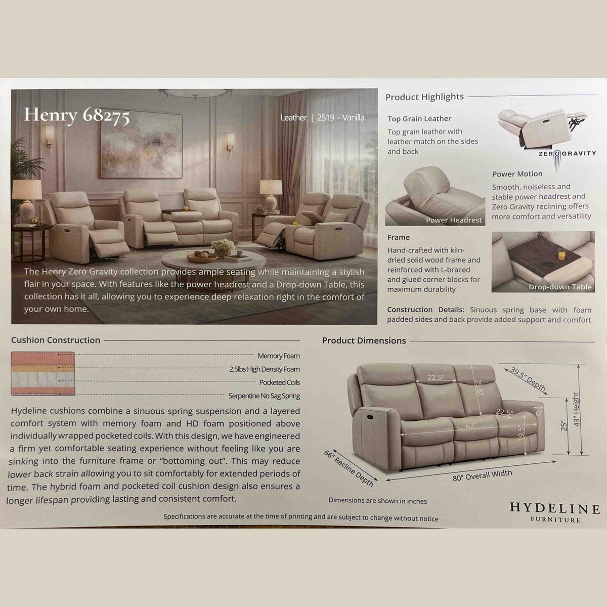 Harrison Zero Gravity Power Reclining Leather Sofa with Power Headrests