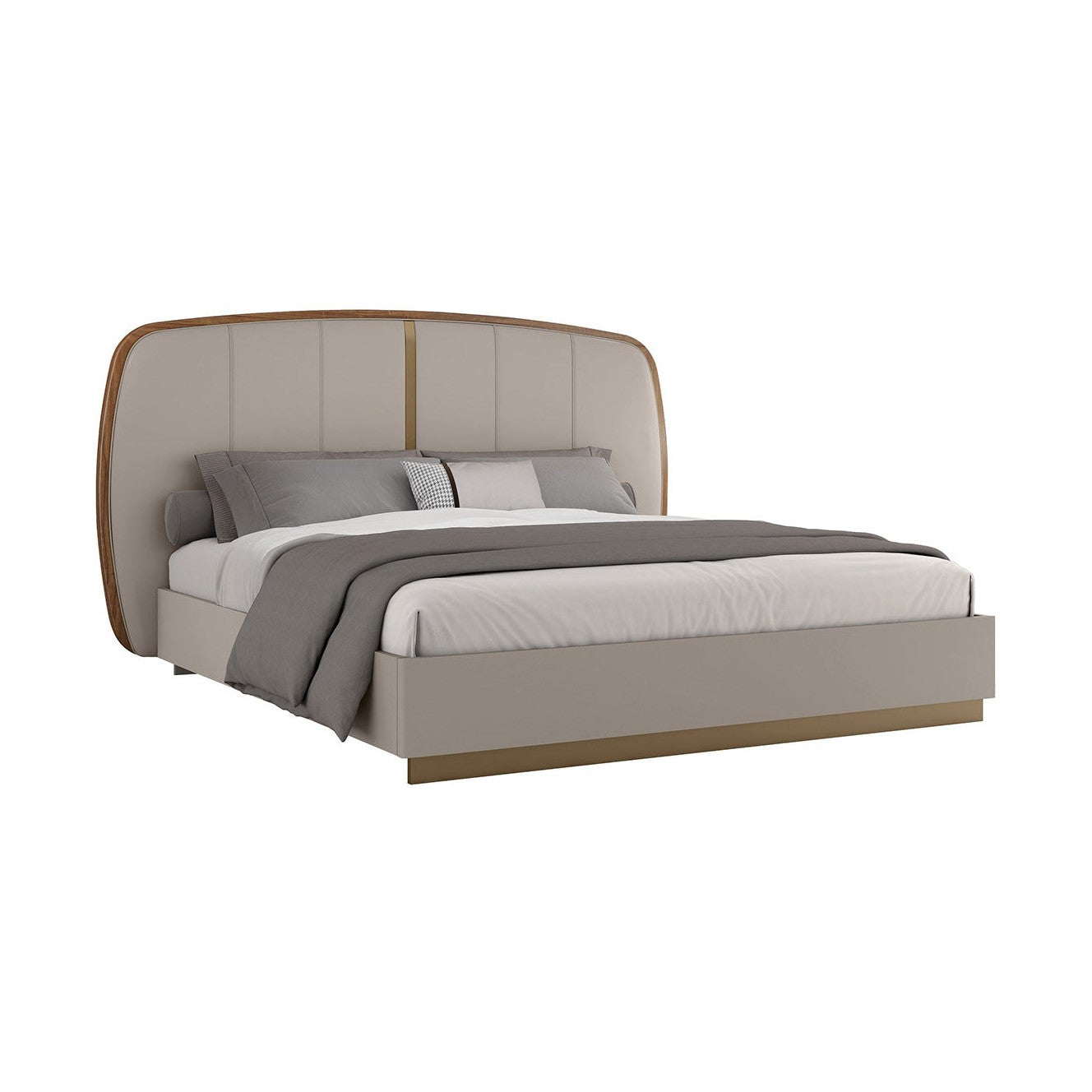 Elmira Modern Platform Bed with Upholstered Headboard – Flannel Grey & Walnut