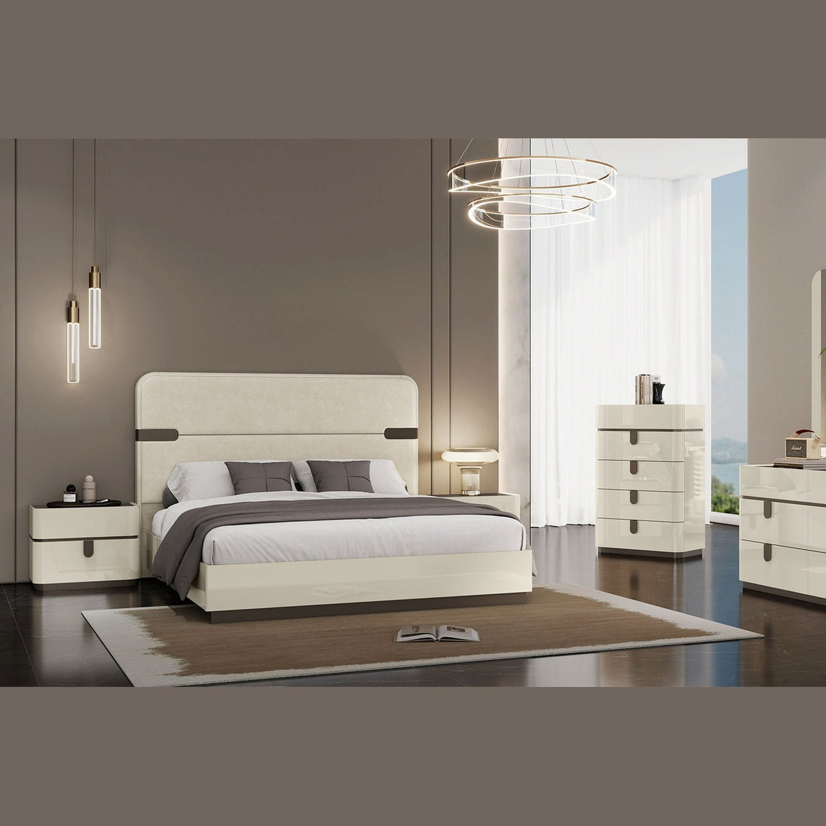Elara Modern Platform Bed with Upholstered Headboard – Beige High Gloss