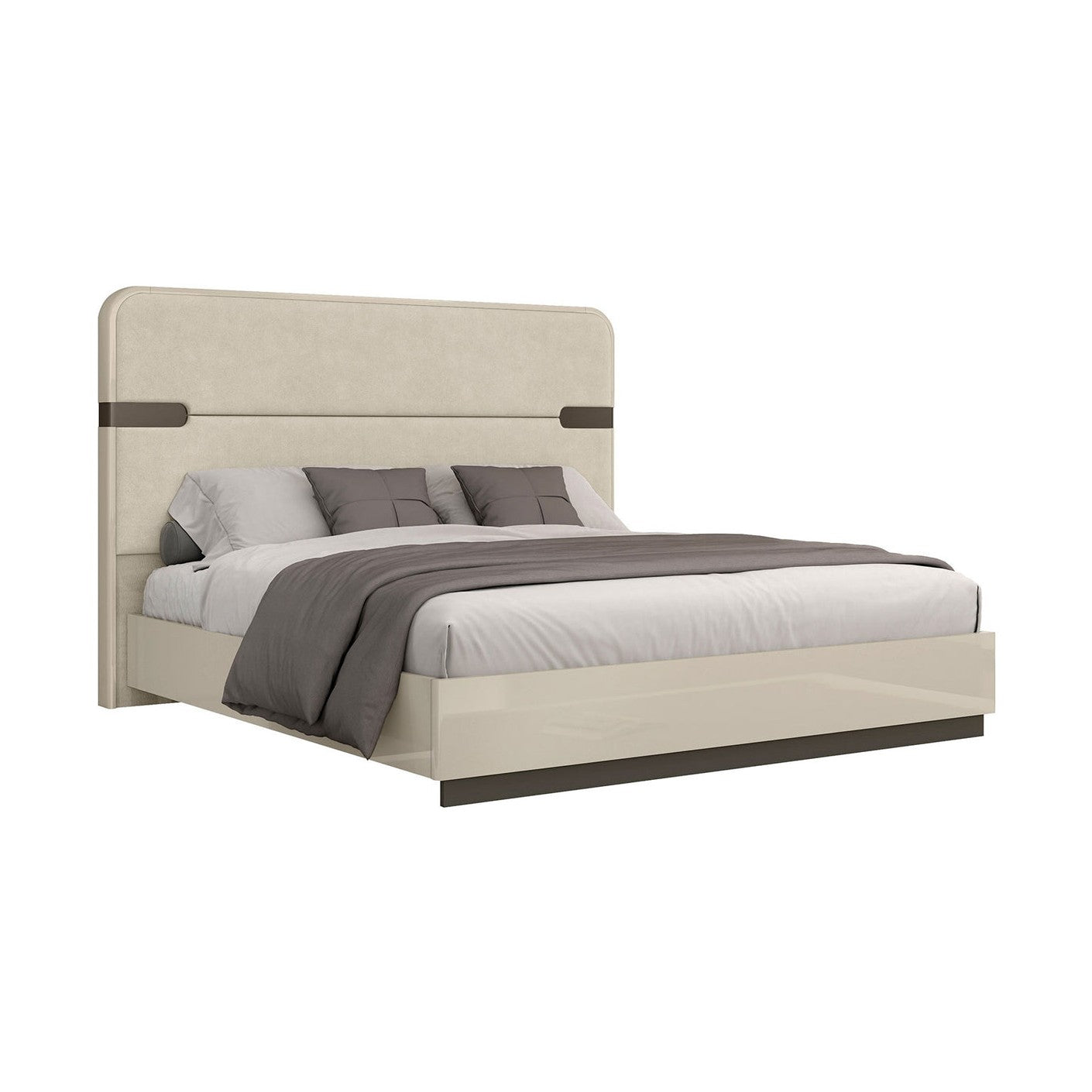 Elara Modern Platform Bed with Upholstered Headboard – Beige High Gloss