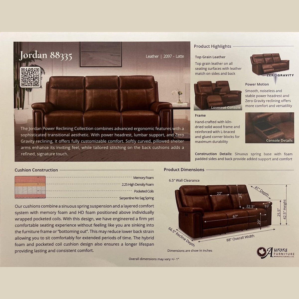 Jaden Zero Gravity Power Reclining Leather Sofa with Power Headrests & Lumbar Support