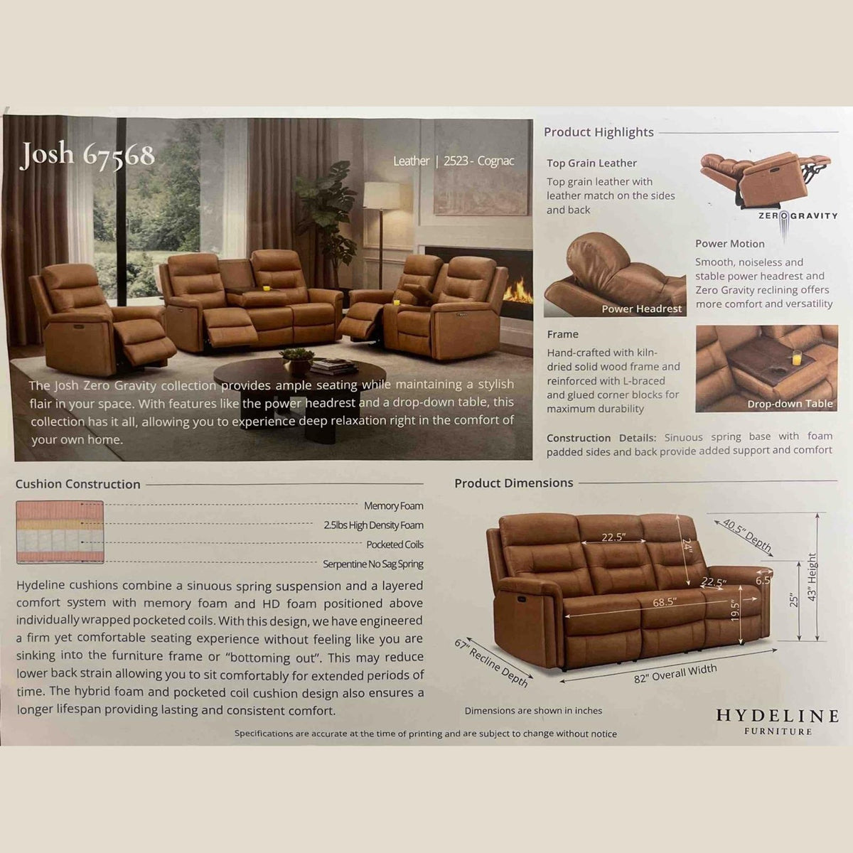 Joren Zero Gravity Power Reclining Leather Sofa with Power Headrests