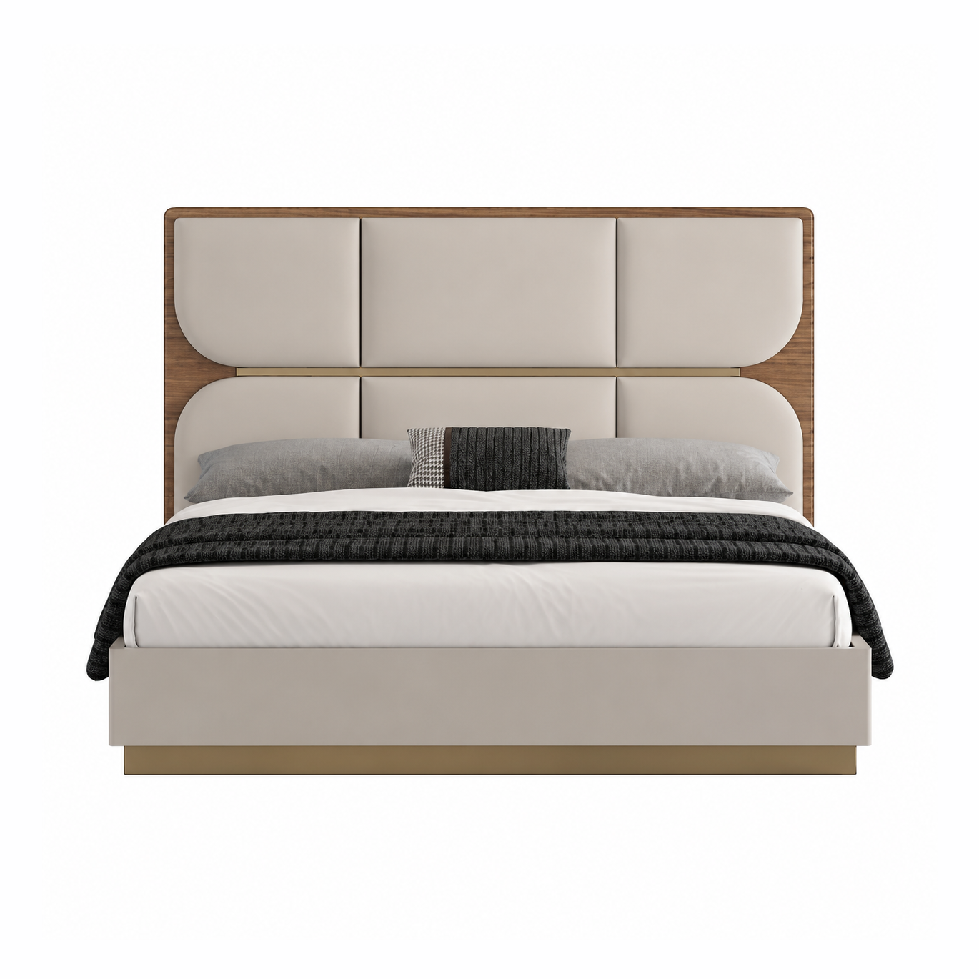 Elvona Modern Platform Bed with Upholstered Headboard – Flannel Grey & Walnut