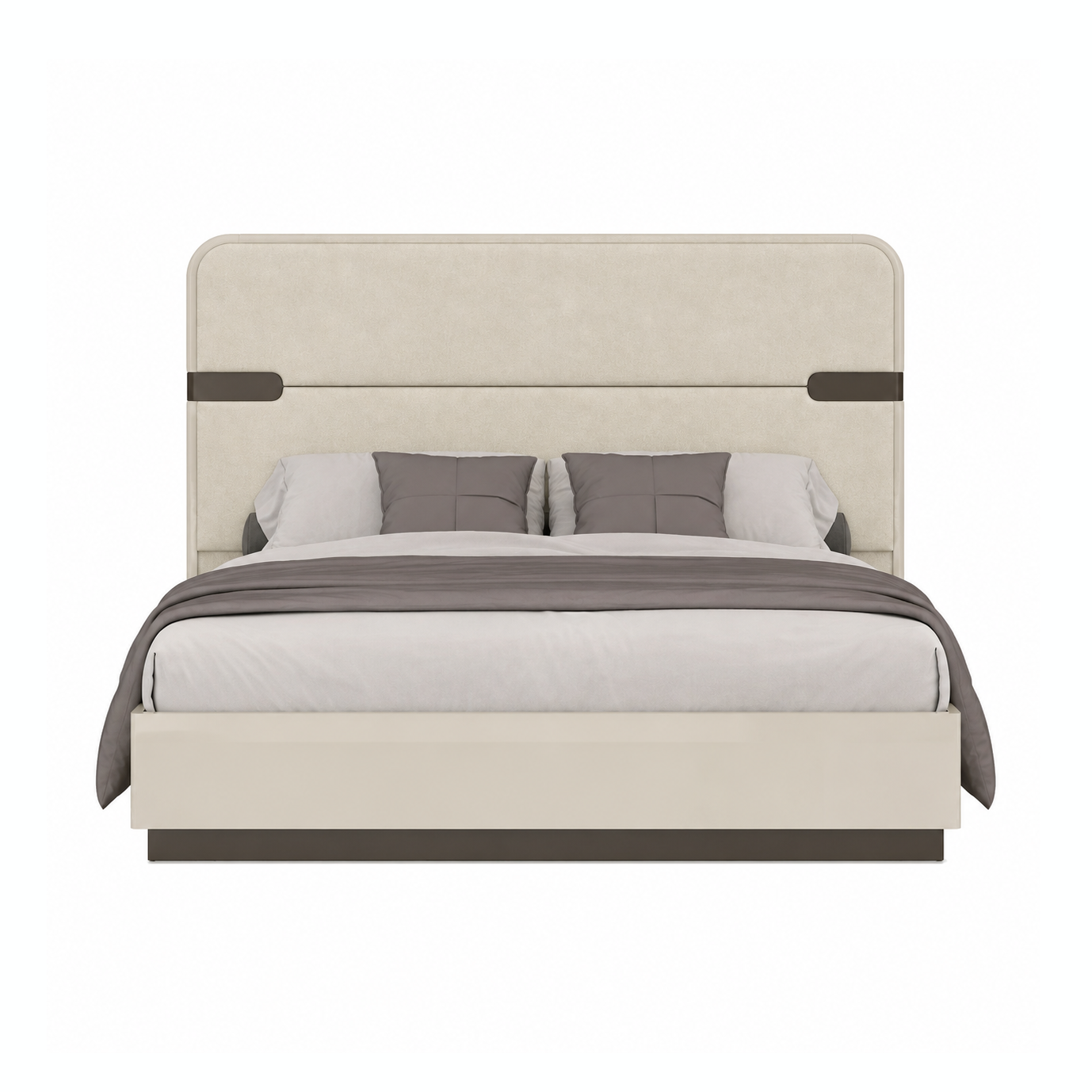 Elara Modern Platform Bed with Upholstered Headboard – Beige High Gloss