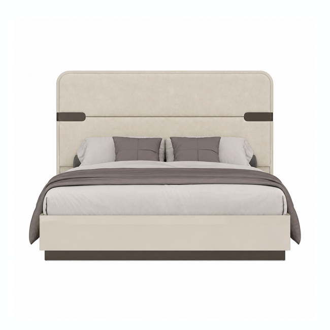 Elara Modern Platform Bed with Upholstered Headboard – Beige High Gloss
