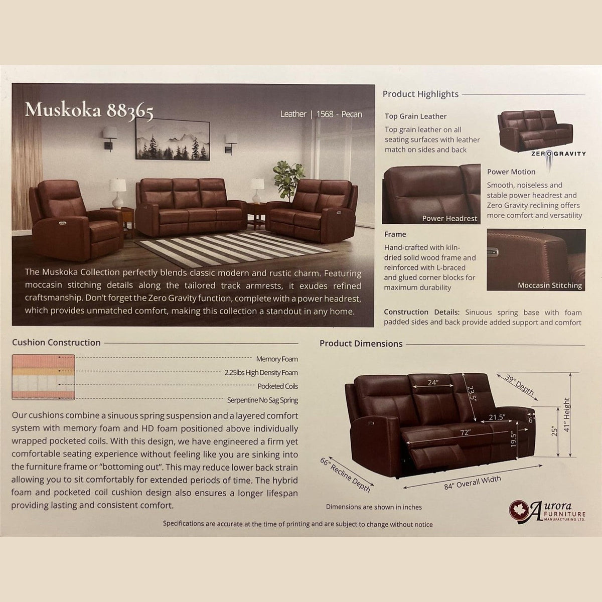 Minooka Zero Gravity Power Reclining Leather Sofa with Power Headrests