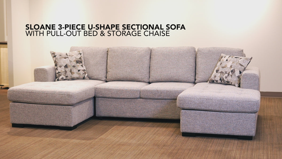 Load video: Sloane 3-Piece U-Shape Sectional Sofa with Pull-Out Bed &amp; Storage Chaise