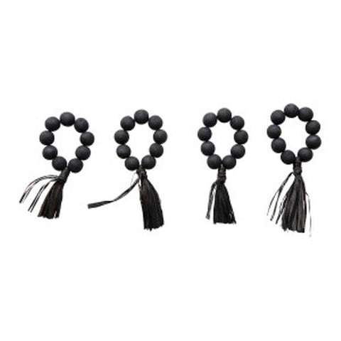 2-1/4" Round Wood Bead Napkin Rings w/ Raffia Tassel, Black, Set of 4