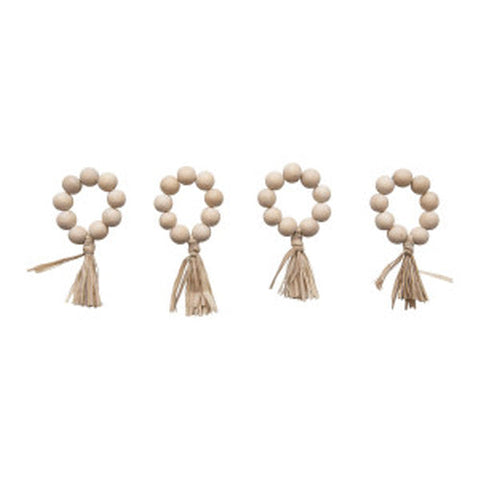 2-1/4" Round Wood Bead Napkin Rings w/ Raffia Tassel, Set of 4