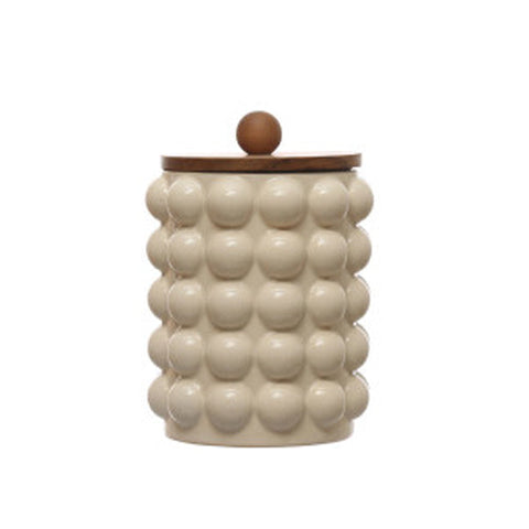 Round Stoneware Canister w/ Raised Dots & Acacia Wood Lid - White & Natural