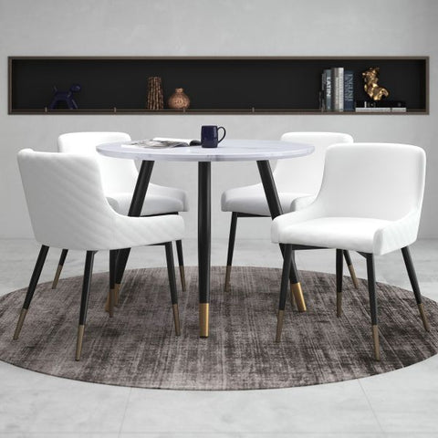 Emery/Carmilla 5pc Round Dining Set in White with White Chair