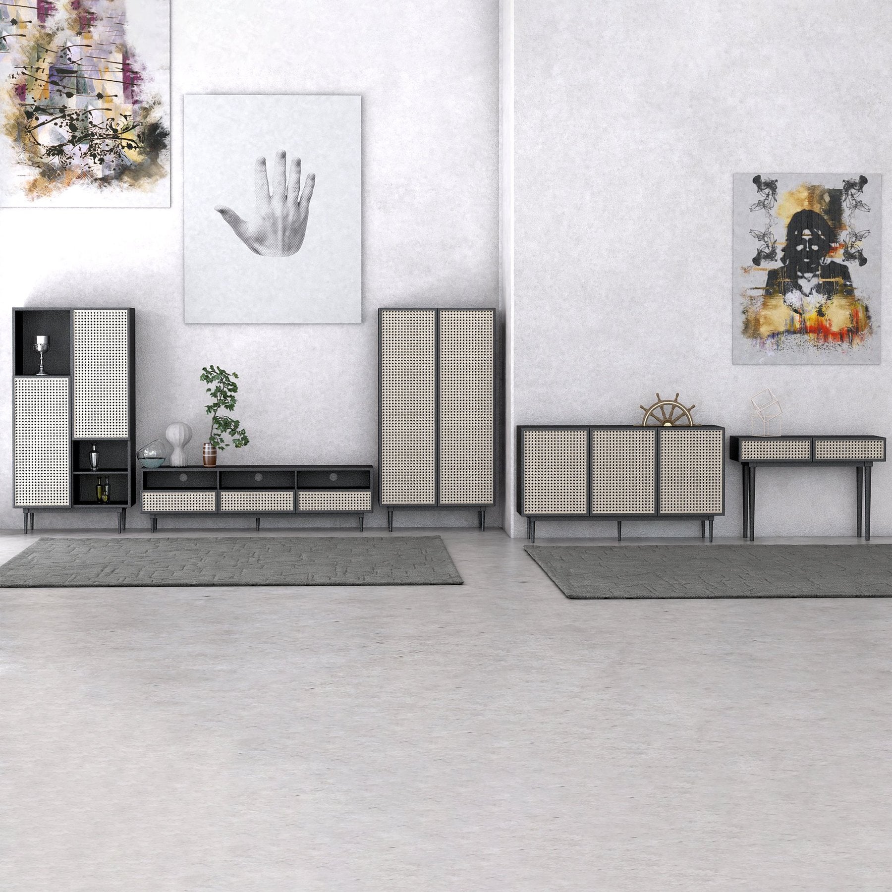 Floor Model Cane Bookcase With Full Doors