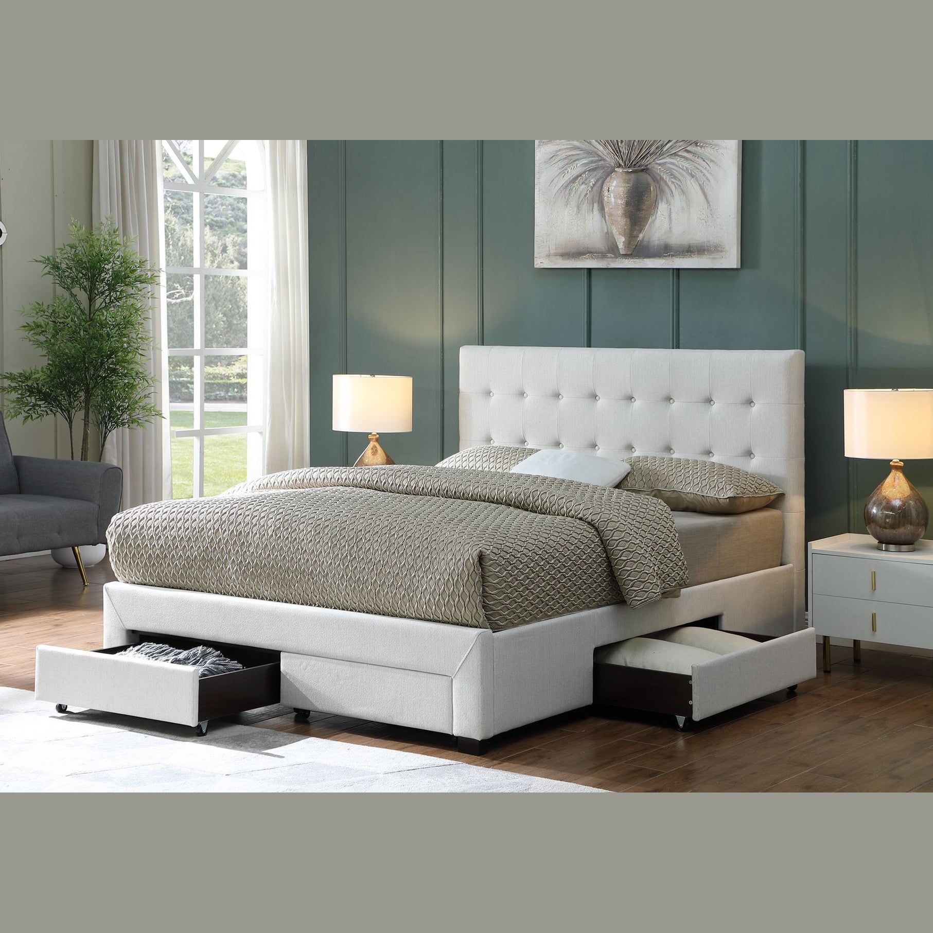 Sydney Storage Drawer Bed w/ Premium Fabric - Oatmeal King Only