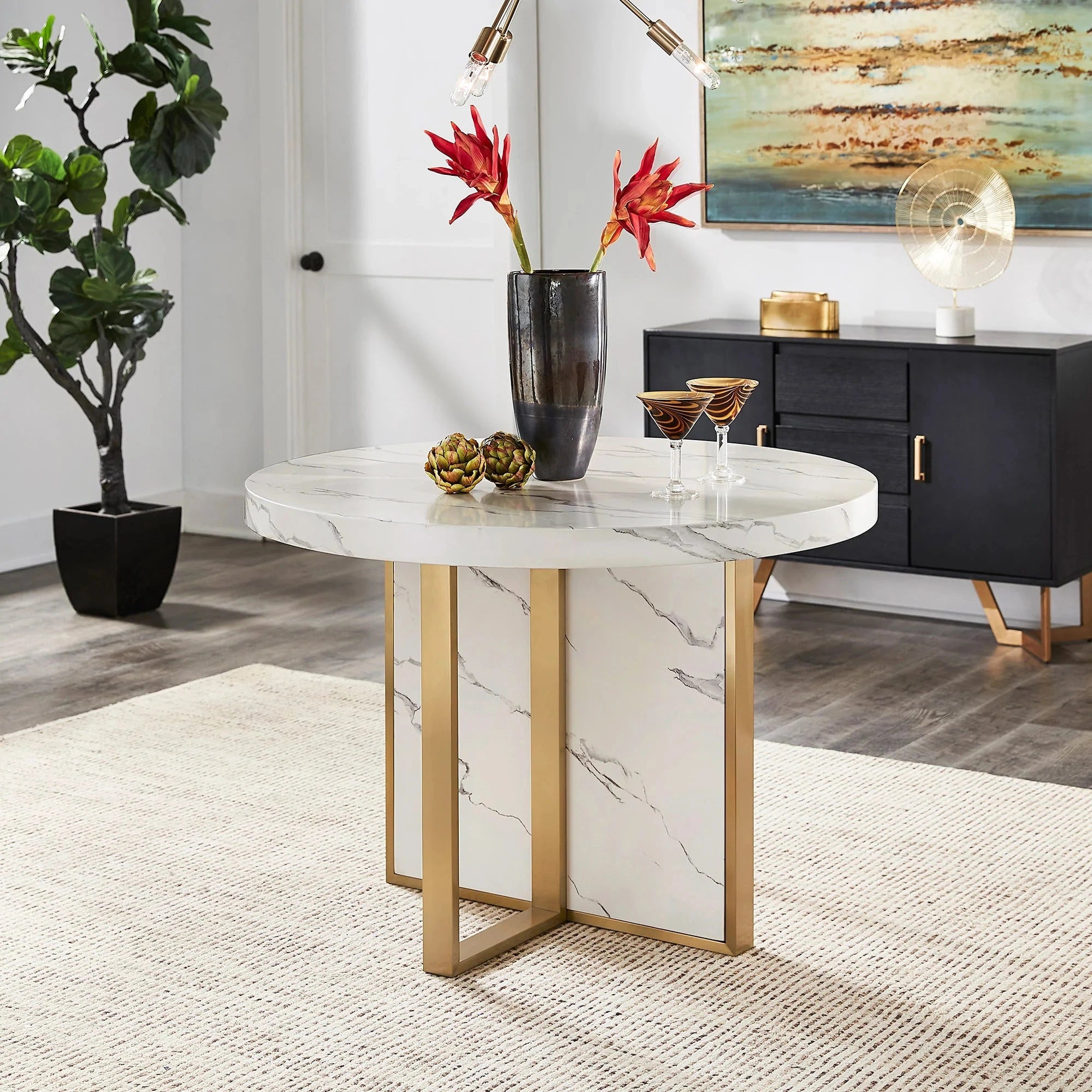 Moreno 43" Wide Faux Marble Round Dining Table - White