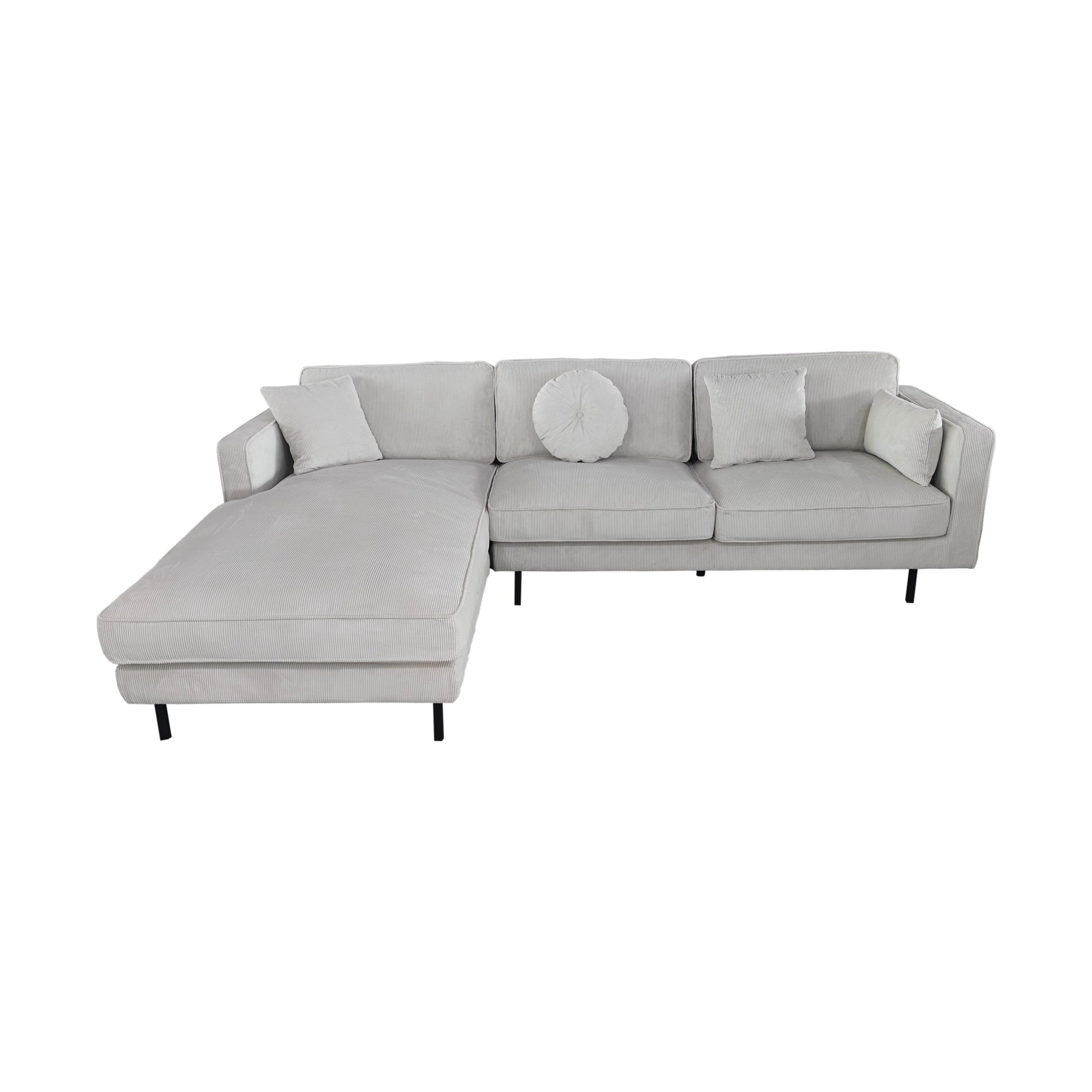 Beaumont Mid Century Reversible Sectional - Ivory Corduroy Striped Soft Velvet Upholstery Fabric