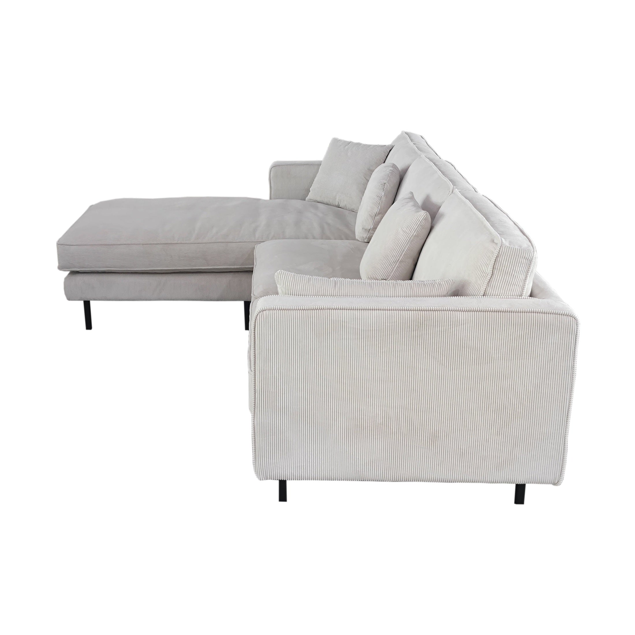 Beaumont Mid Century Reversible Sectional - Ivory Corduroy Striped Soft Velvet Upholstery Fabric